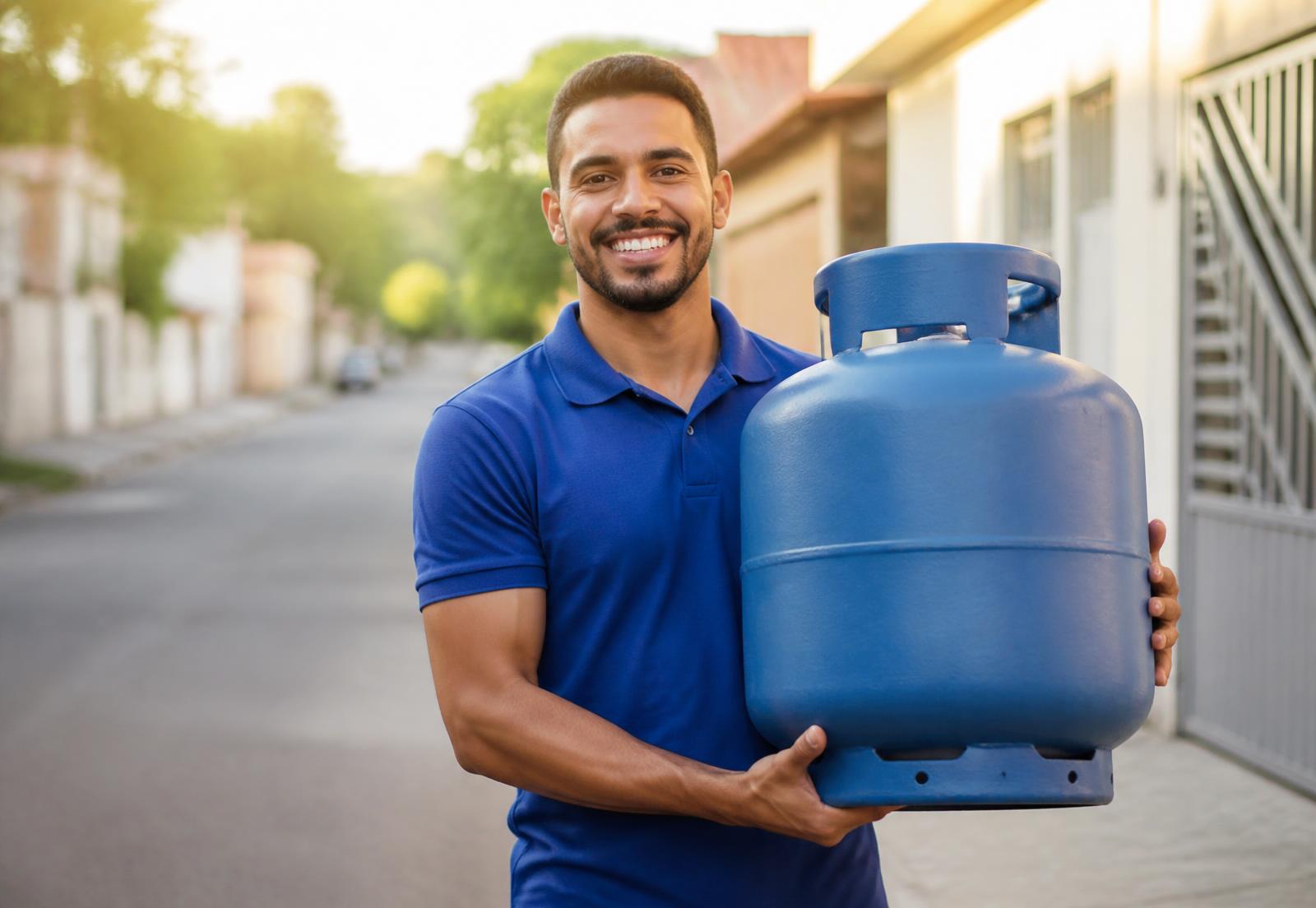 Entregador do Gás do Jorge sorrindo com botijão de gás P13 azul lacrado